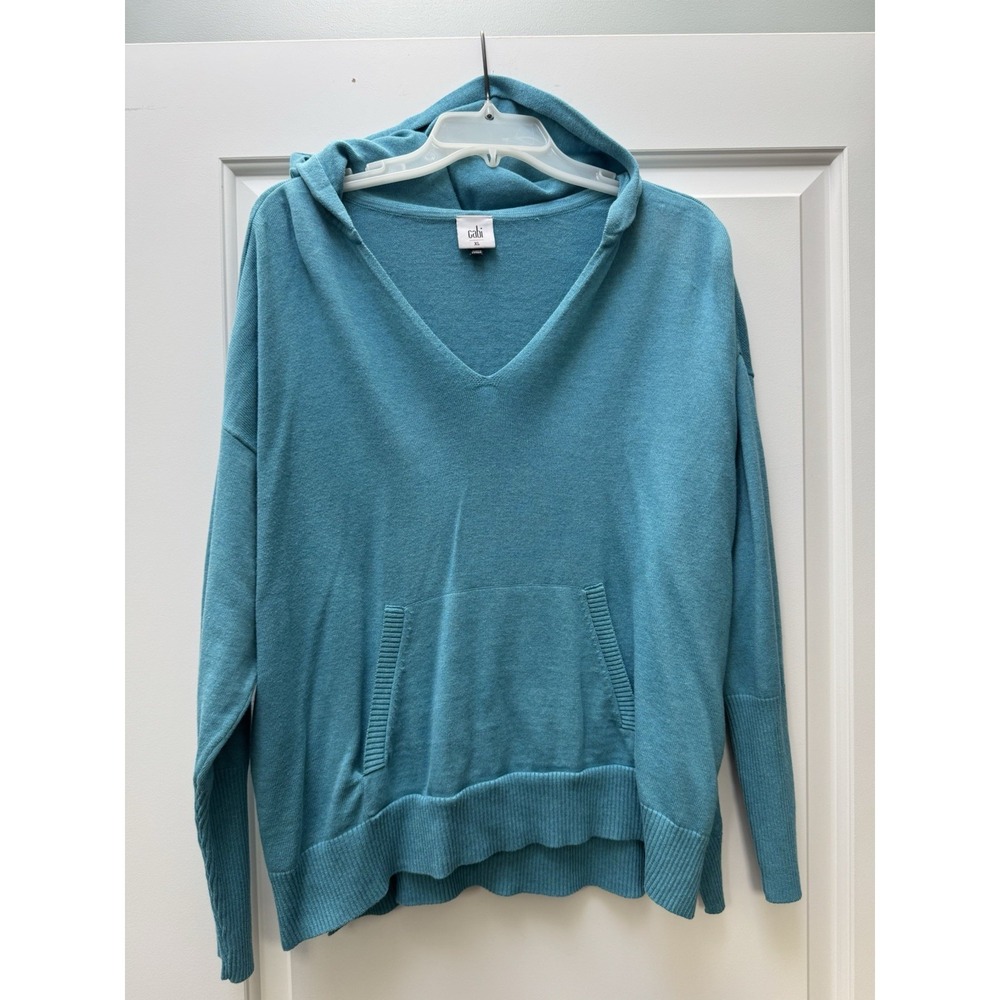 Cabi Hop To Hoodie Womens XL Turquoise Blue Cotton Blend V-Neck Knit Pullover
